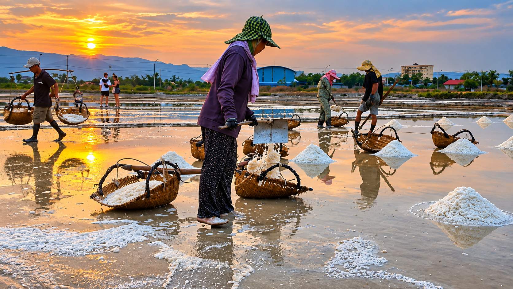 sunset over salt field